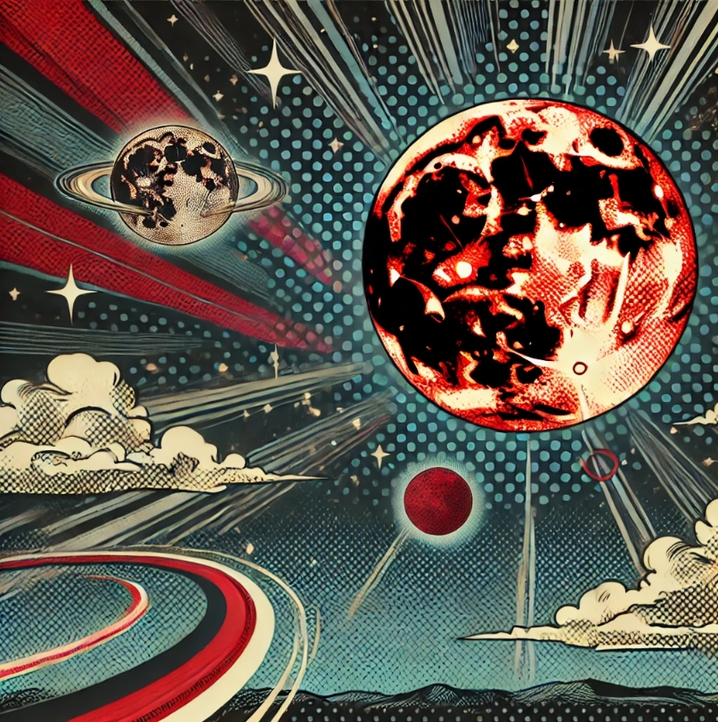 magem no estilo quadrinhos vintage do eclipse lunar da lua vermelha que ocorrerá no dia 13 de março
